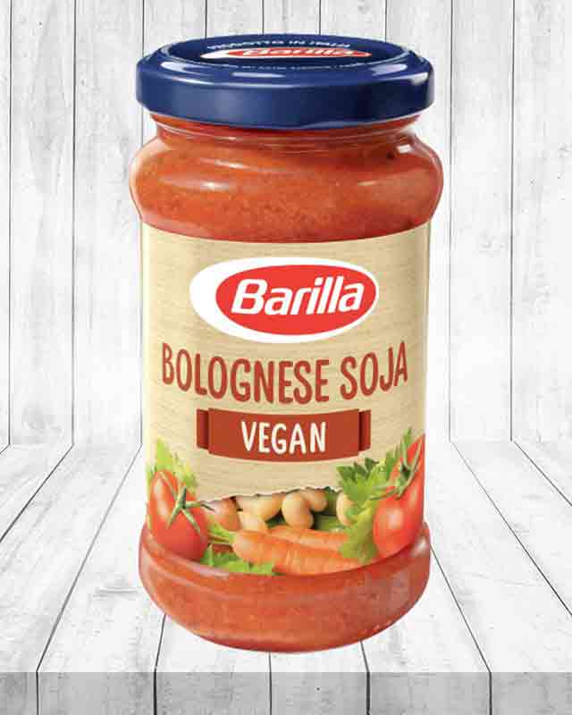 Ein Glas Barilla Bolognese Soja Vegan