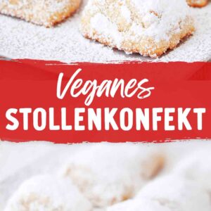 Mehrere vegane Stollenkonfektstücke liegen dicht nebeneinander auf einer mit Puderzucker bestreuten Platte und sind vollständig mit einer dicken Schicht Puderzucker bedeckt. In der Mitte steht der Text Veganes Stollenkonfekt.