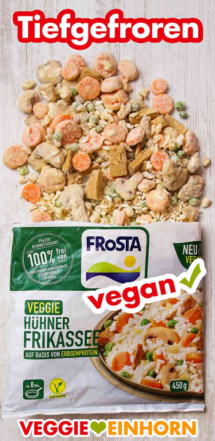 Das tiefgekühlte Veggie Hühnerfrikassee von Frosta auf einem Tisch