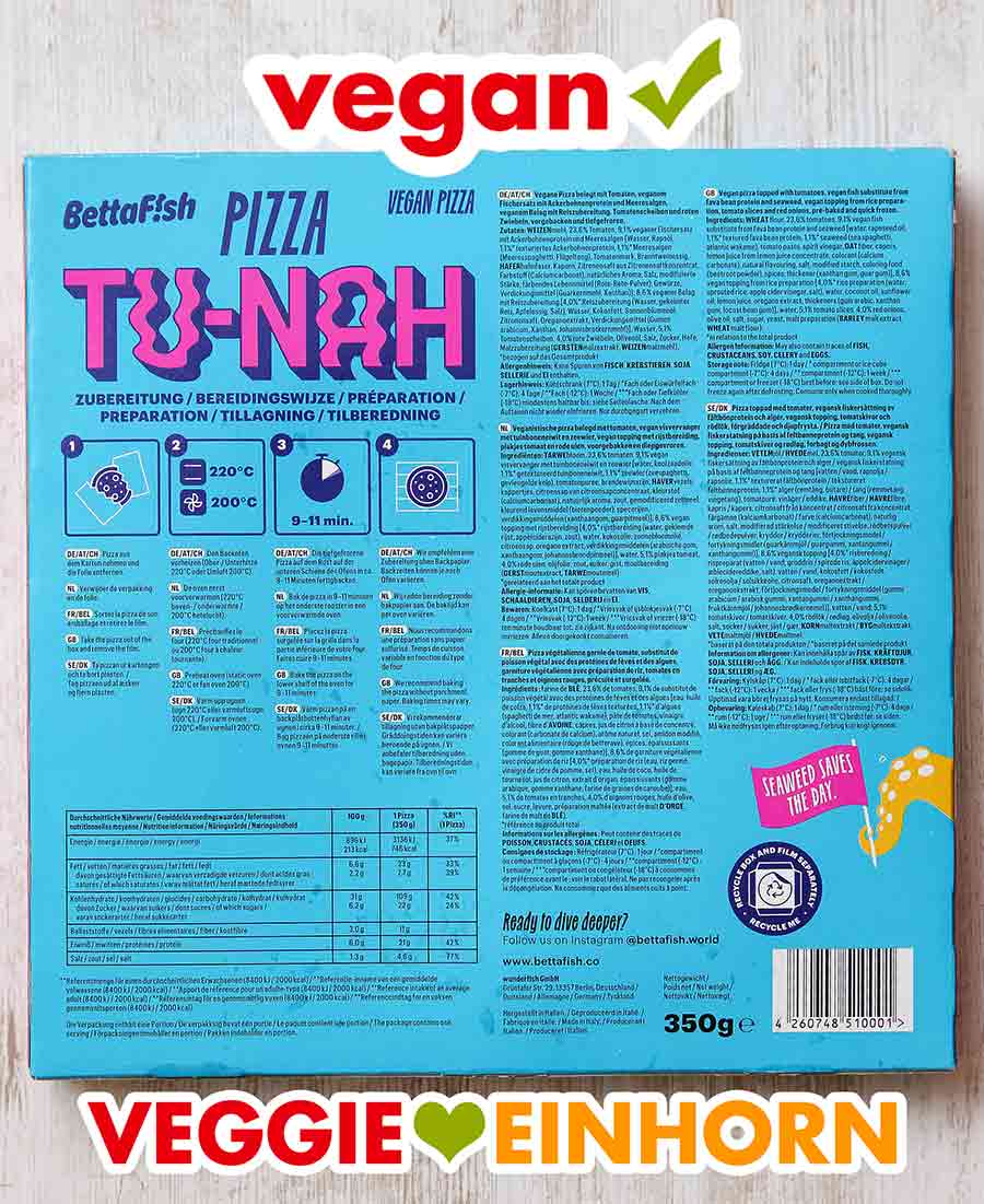 Rückseite der Packung der veganen Thunfisch Tiefkühlpizza von BettaFish