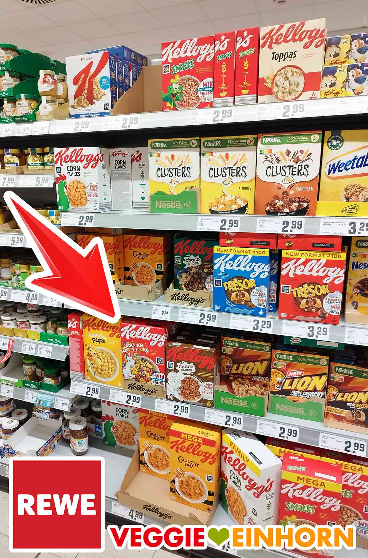 Supermarktregal mit Cerealien und Unicorn Froot Loops