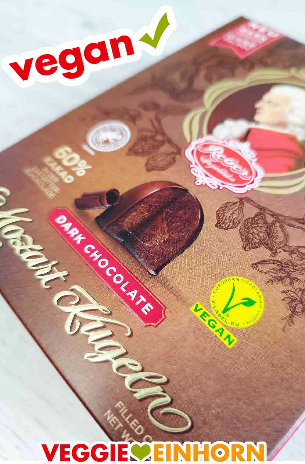 Vegan Logo auf den Reber Dark Chocolate Mozart Kugeln