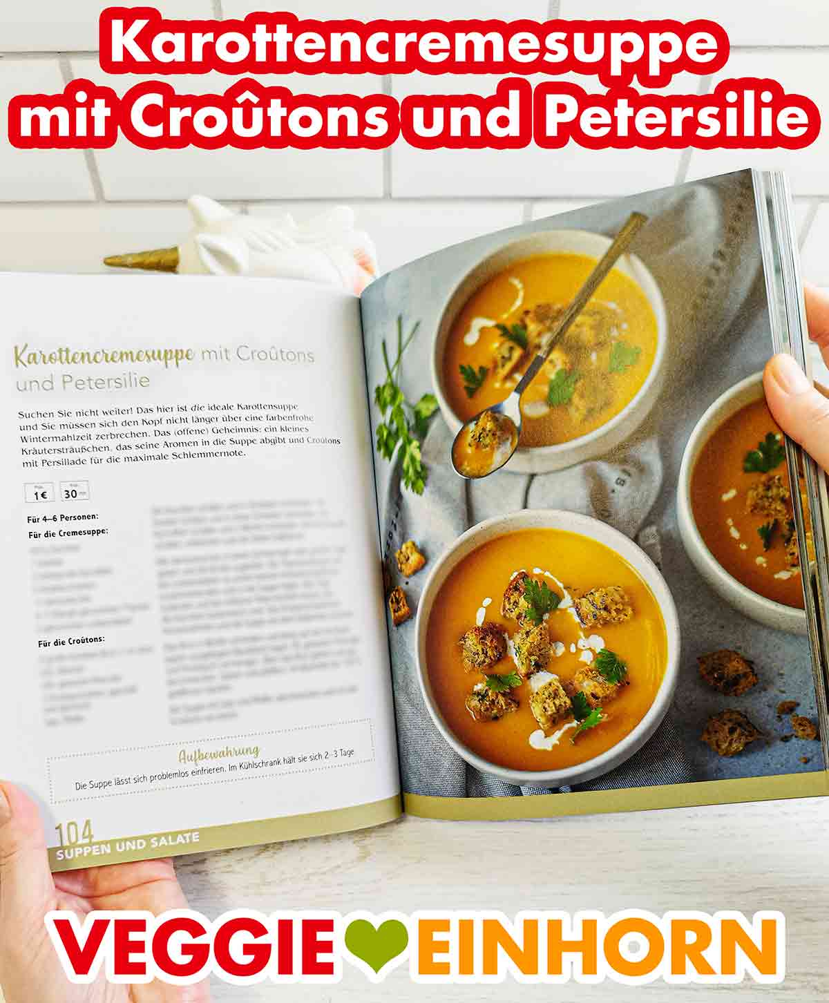 Karottencremesuppe mit Croûtons und Petersilie im Kochbuch Vegan und Günstig von Marie Laforêt