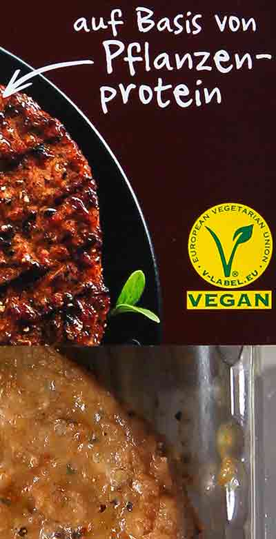 Vegan Zeichen auf der Packung der veganen Steaks von Green Legend