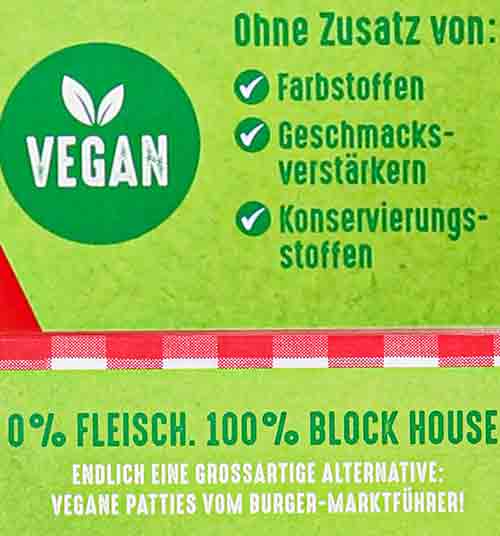 Vegan Zeichen auf der Verpackung der Vegan Burger von Block House