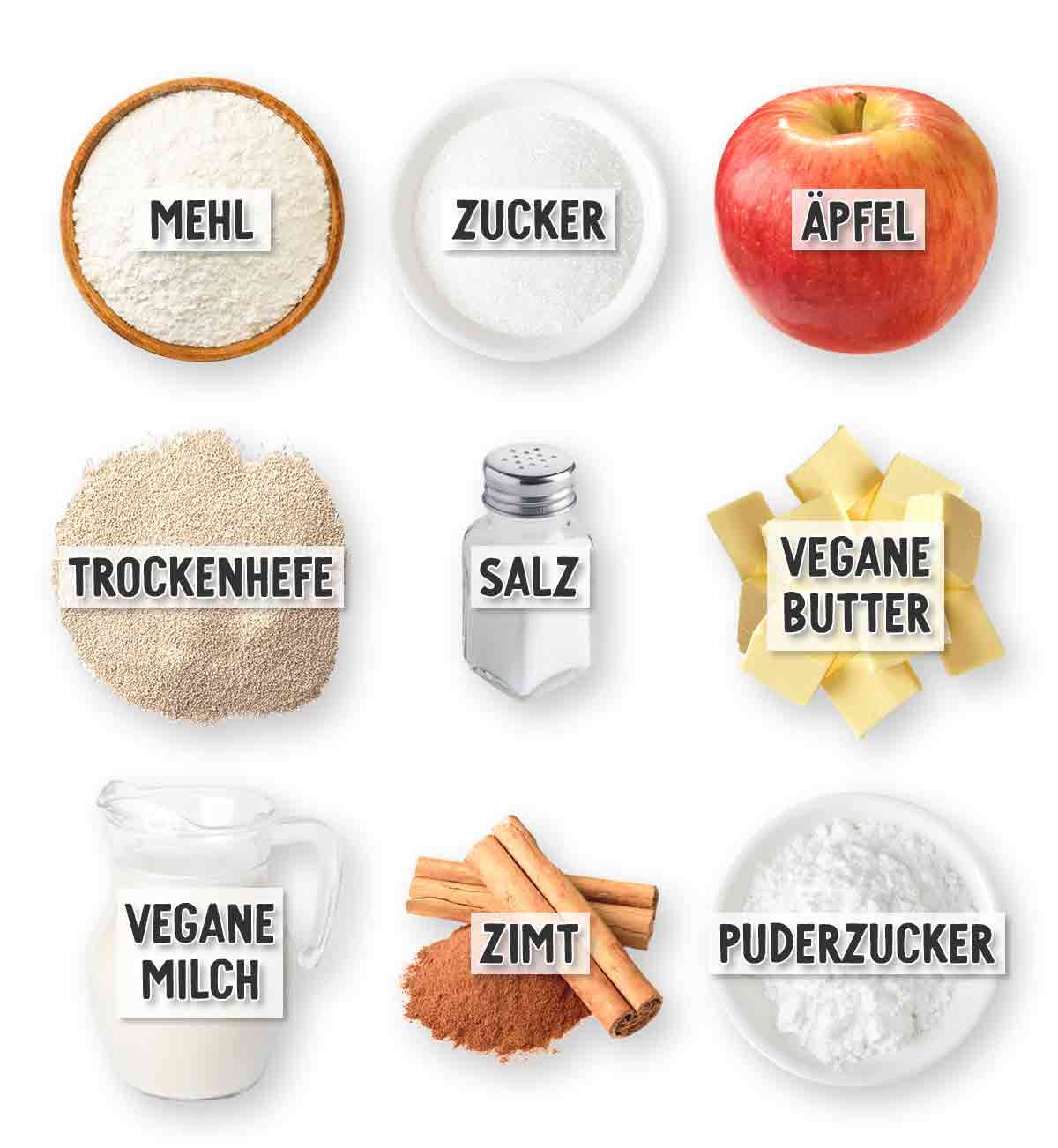 Zutaten für vegane Apfel-Zimt-Schnecken, jeweils mit Beschriftung: Mehl, Zucker, Apfel, Trockenhefe, Salz, vegane Butter, vegane Milch, Zimt, Puderzucker.