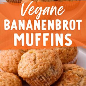 Zwei Fotos von veganen Bananenbrot Muffins mit dem Textoverlay Vegane Bananenbrot Muffins.