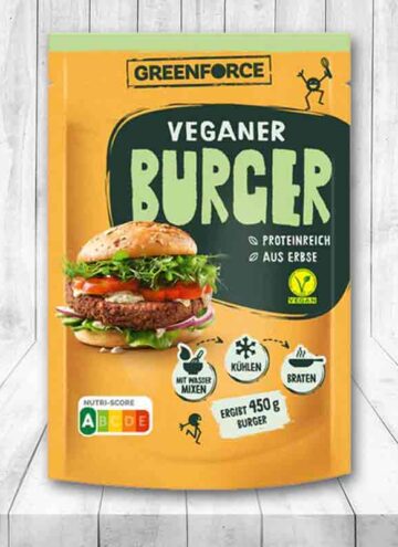 Eine Packung Fertigmix für vegane Burger von Greenforce