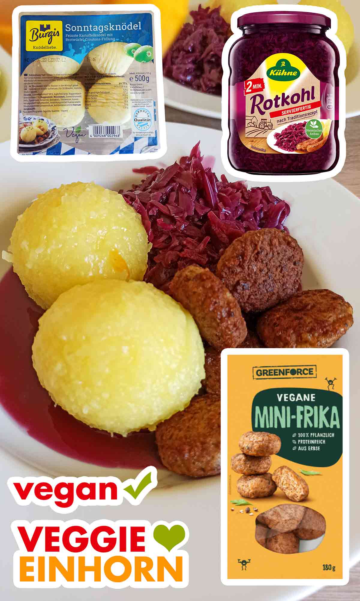 Die Burgis Sonntagsknödel, der Rotkohl von Kühne und die Mini-Frika von Greenforce sind vegan. Teller mit Burgis Sonntagsknödeln, Kühne Rotkohl und Greenforce Mini Frikadellen