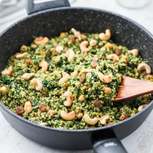 Vegane Couscous Pfanne mit Kichererbsen, Spinat, Cashews und Rosinen in einer schwarzen Pfanne mit einem Holzlöffel.