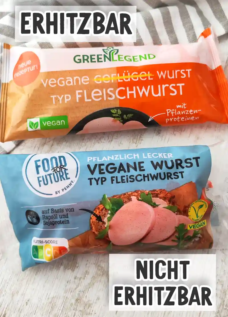 Eine Packung erhitzbare vegane Fleischwurst von Green Legend und eine Packung nicht erhitzbare vegane Fleischwurst von Food for Future.