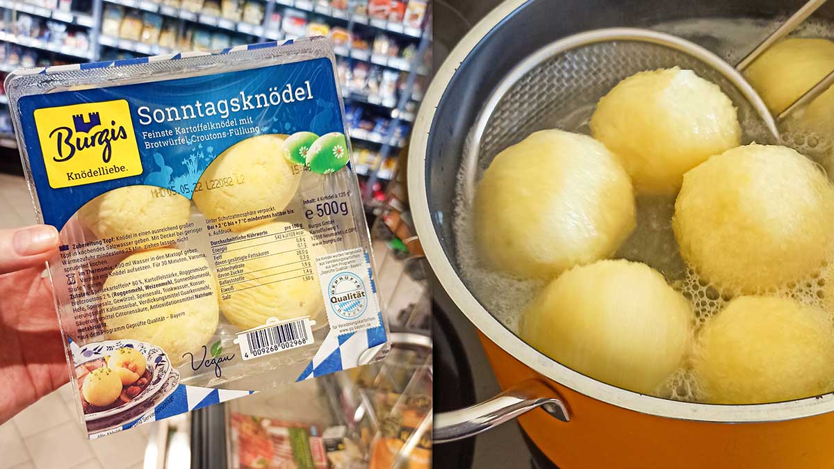 Die Sonntagsknödel von Burgis sind vegane Kartoffelknödel mit Croutons-Füllung. Burgis Sonntagsknödel sind vegan.