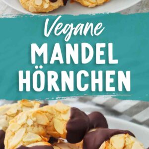 Zwei Fotos von veganen Mandelhörnchen, in der Mitte steht der Rezepttitel Vegane Mandelhörnchen.