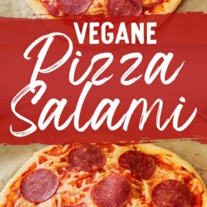 Zwei Fotos von veganer Pizza mit Salami, dazwischen der Text Vegane Pizza Salami.