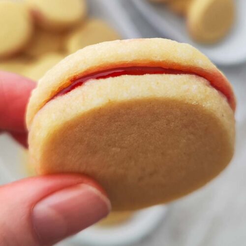 Mehrere vegane Marmeladenplätzchen liegen gestapelt auf einem weißen Teller.