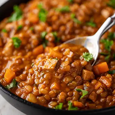 Veganer Linseneintopf mit Karotten und Petersilie als Symbolbild für die Kategorie vegane Rezepte mit Linsen.