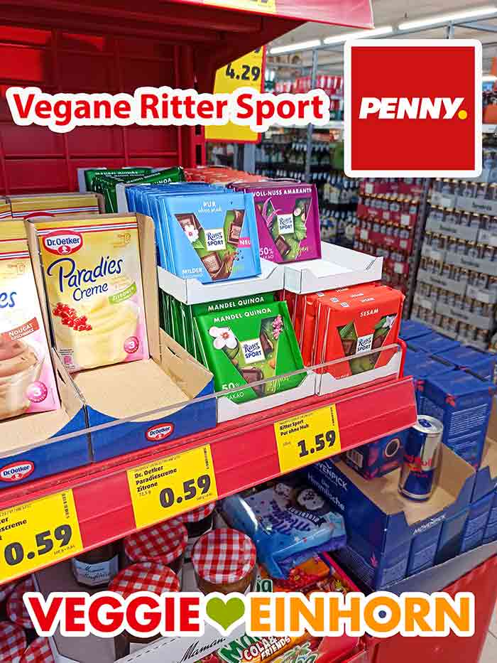 Vegane Schokolade von Ritter Sport im Supermarkt Regal