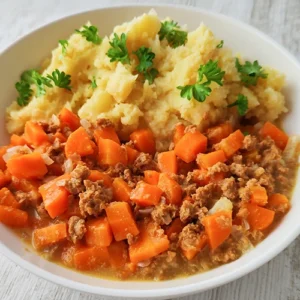 Möhren mit veganem Hack in einer sahnigen Soße, auf einem Teller mit Kartofflebrei, bestreut mit Petersilie.