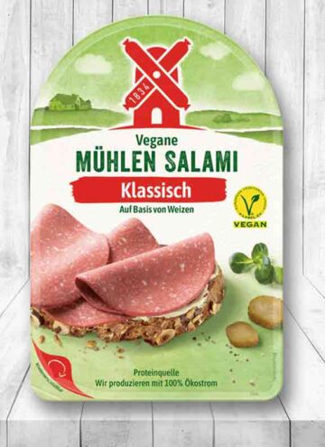 Eine Packung vegane Mühlen Salami