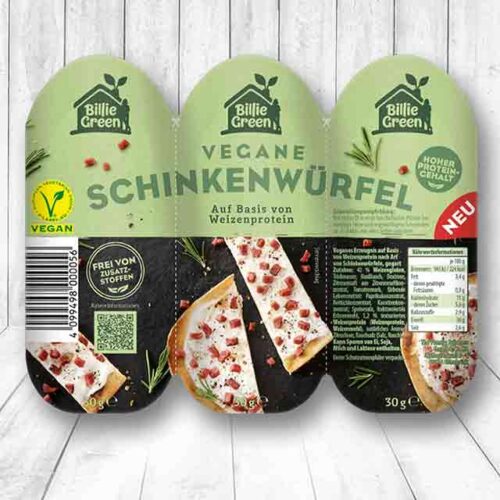 Eine Packung vegane Schinkenwürfel von Billie Green