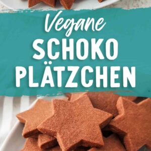 Ein Pinterest-Grafikbild zeigt zwei Fotos mit sternförmigen Schokoplätzchen und einem türkisfarbenen Schriftfeld dazwischen. In der Mitte steht der Text Vegane Schokoplätzchen.