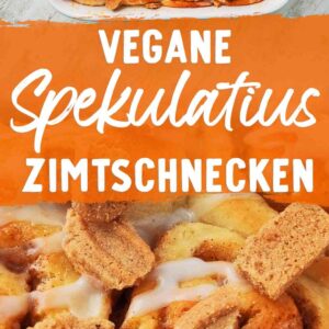 Pinterest-Grafik mit zwei Fotos von veganen Spekulatius Zimtschnecken und dem Schriftzug Vegane Spekulatius Zimtschnecken.
