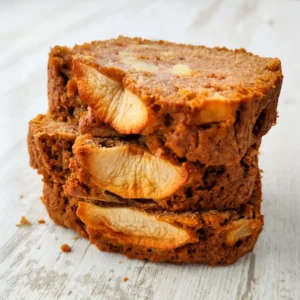 Drei Scheiben veganer Apfelkuchen, gestapelt aufeinander, mit sichtbaren Apfelstücken im Teig, auf einem hellen Holztisch.