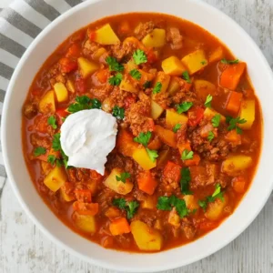 Ein Teller veganer Bauerntopf mit veganem Hack, serviert mit veganer Crème fraîche und frischer Petersilie.