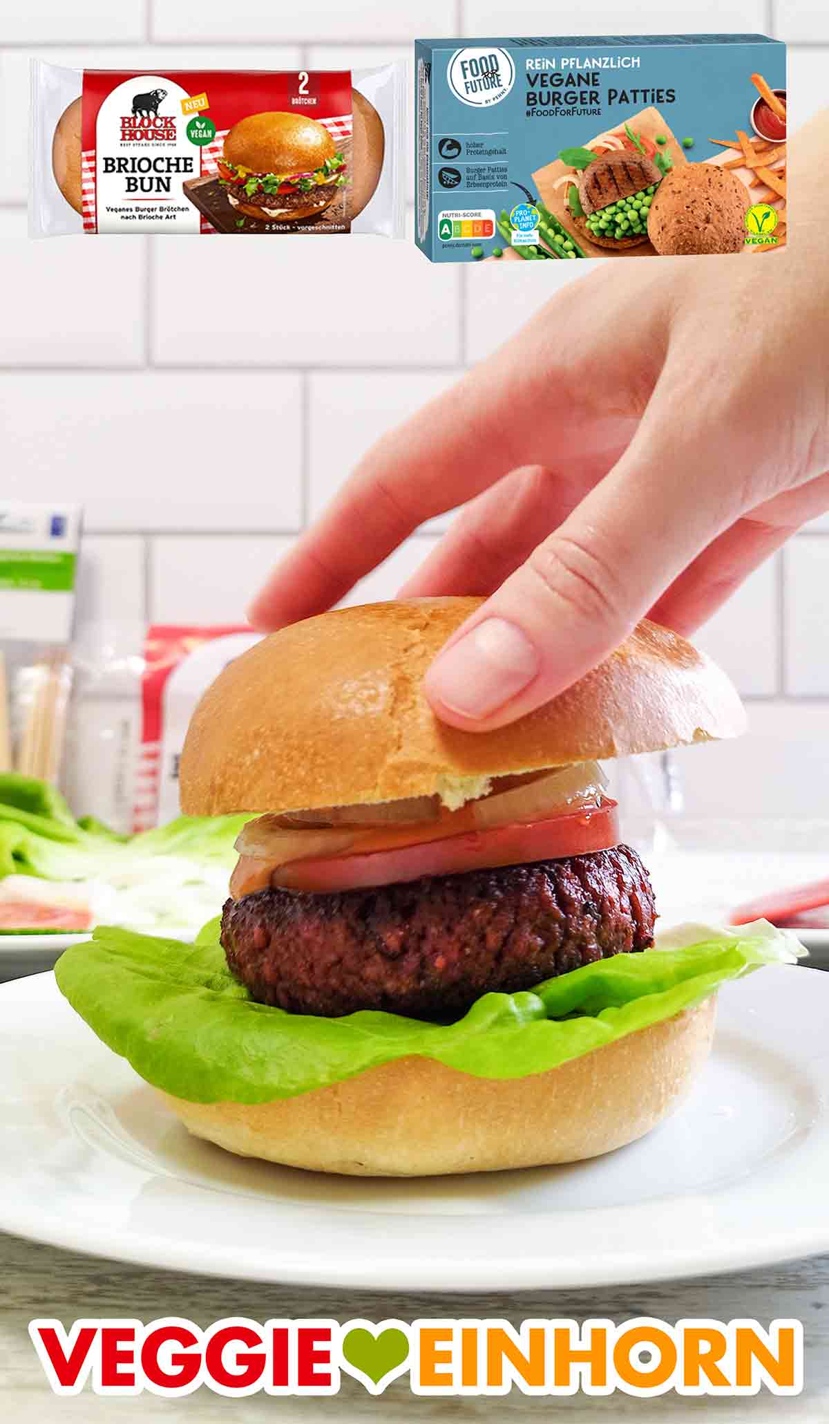 Seitenansicht des veganes Burgers mit einem Patty von Penny und einem Brioche Bun von Block House