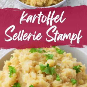 Pinterest-Grafik mit Kartoffel Sellerie Stampf in einer weißen Schüssel, überlagert mit Schriftzug.
