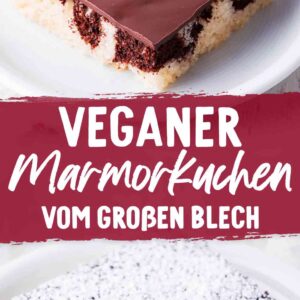 Zwei Stücke veganer Marmorblechkuchen auf weißen Tellern, eines mit glänzender Schokoladenglasur und eines mit Puderzucker bestreut, dazwischen ein roter Schriftbalken mit der Aufschrift Veganer Marmorkuchen vom großen Blech.