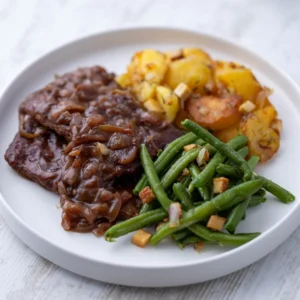 Veganer Rostbraten aus Soja Big Steaks mit Zwiebelsoße auf einem Teller mit Bratkartoffeln und grünen Bohnen.