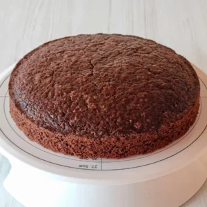 Runder veganer Schokobiskuit auf einer drehbaren Tortenplatte von oben fotografiert.