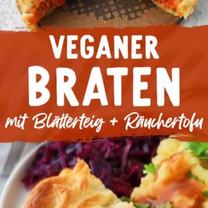 Zwei Fotos von veganem Hackbraten mit Blätterteig, in der Mitte steht der Rezepttitel Veganer Braten mit Blätterteig und Räuchertofu.