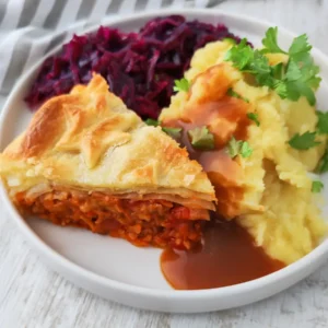 Ein Teller mit einem Stück veganem Blätterteigbraten, Kartoffelpüree mit brauner Soße und Rotkohl.