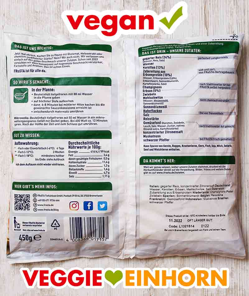 Rückseite der Packung des veganen Hühnerfrikassees von Frosta