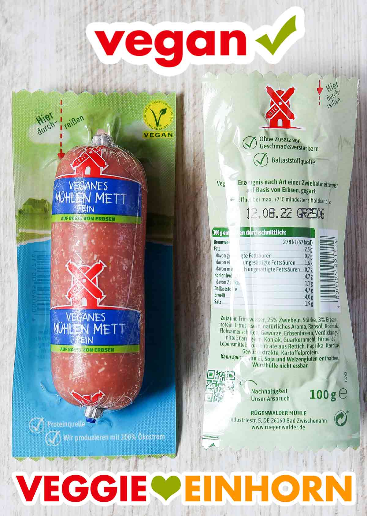 Vorder- und Rückseite der Verpackung des veganen Rügenwalder Mühlen Metts