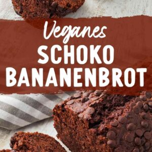 Eine Pinterest-Grafik zeigt ein angeschnittenes Schoko-Bananenbrot. In der Mitte steht der Rezepttitel Veganes Schoko Bananenbrot.