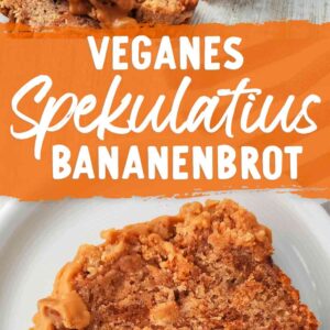Zwei Fotos von veganem Spekulatius Bananenbrot, in der Mitte ein oranger Balken mit weißem Text Veganes Spekulatius Bananenbrot.