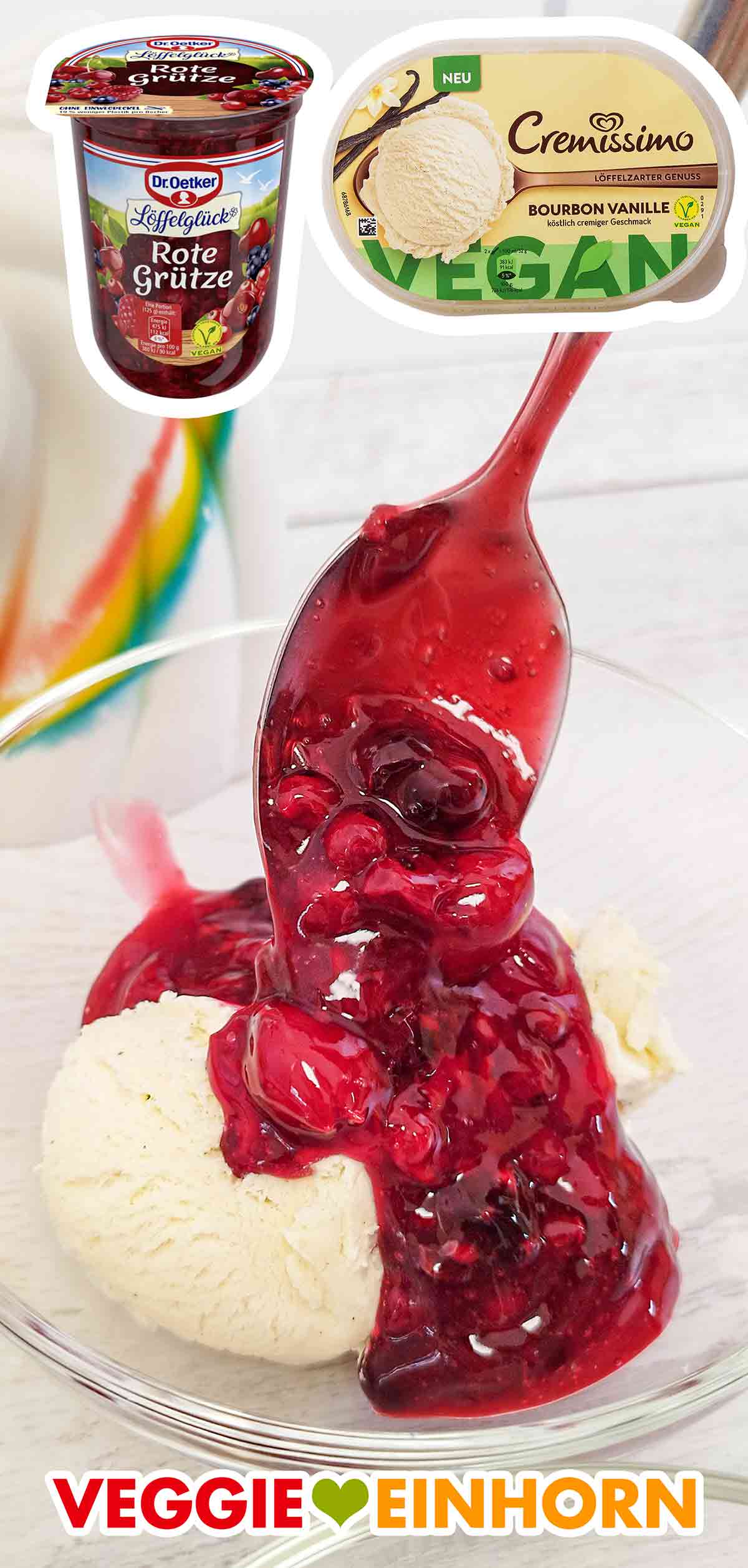 Vegane rote Grütze von Dr. Oetker und veganes Vanilleeis von Cremissimo