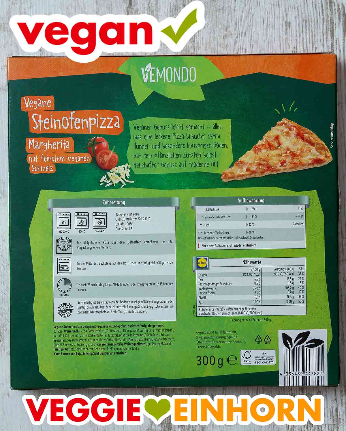 Rückseite der Packung Lidl Vegane Pizza Margherita