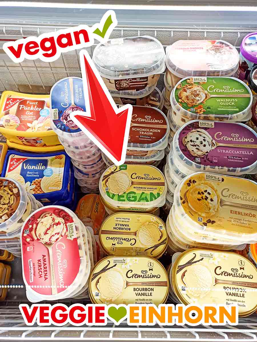 Das vegane Vanilleeis von Cremissimo in der Kühltruhe im Supermarkt