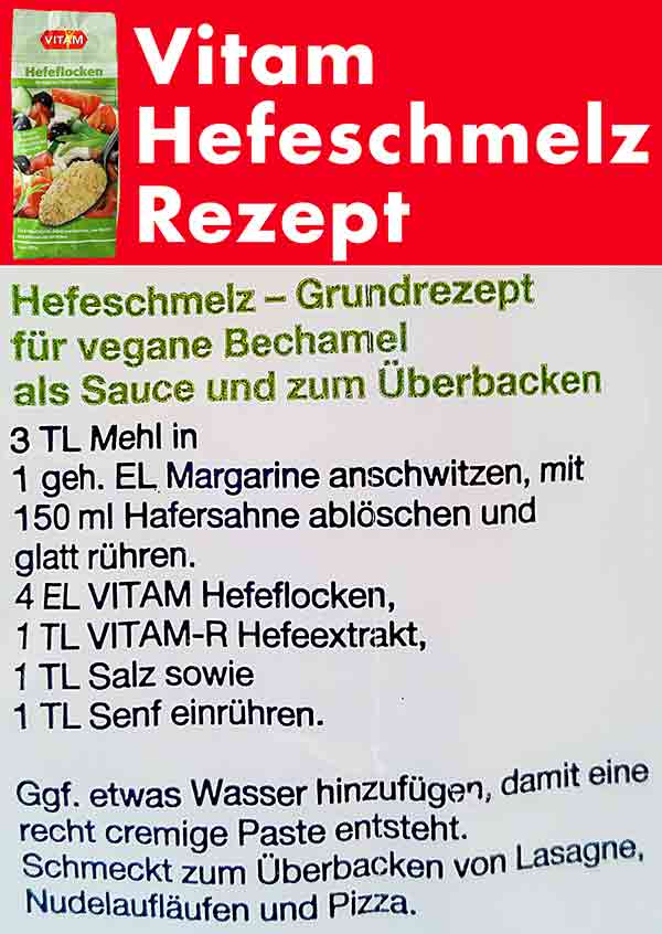 Rezept für veganen Hefeschmelz von der Packung der Vitam Hefeflocken
