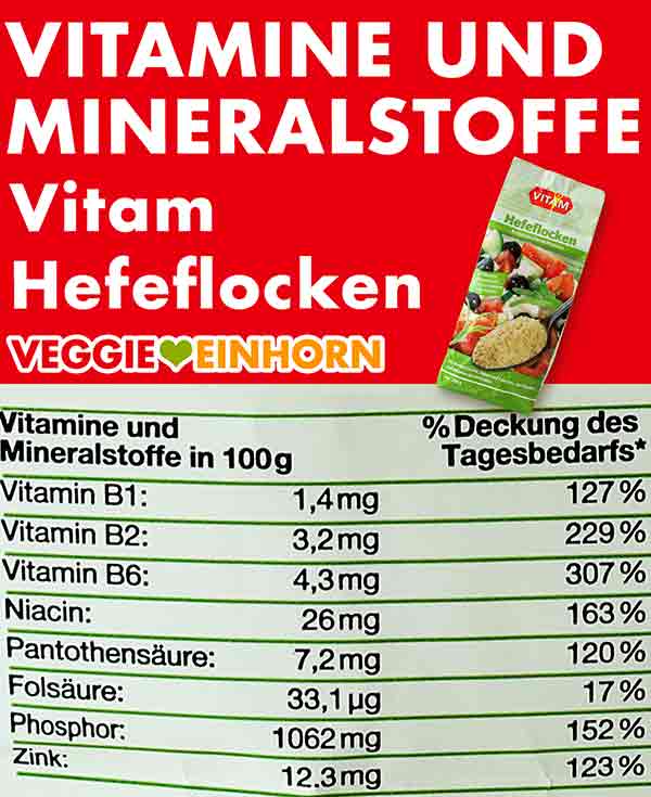 Tabelle mit Vitaminen und Mineralstoffen in Vitam Hefeflocken