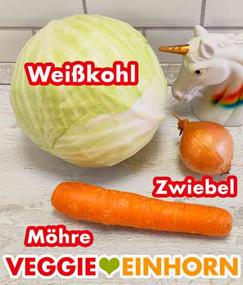 Ein Kopf Weißkohl, eine Zwiebel und eine Möhre