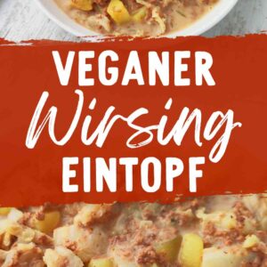 Zwei Fotos von veganen Wirsingeintopf mit veganem Hack und Kartoffeln, in der Mitte steht der Rezepttitel Veganer Wirsing Eintopf.