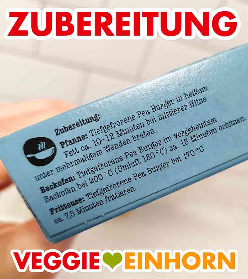 Zubereitungsanleitung auf der Packung der veganen TK-Burger Patties von Penny