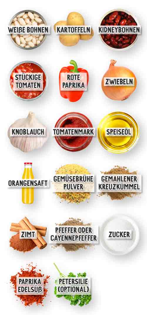 Zutaten für einen veganen Bohneneintopf mit weißen Bohnen, Kartoffeln, Kidneybohnen, stückigen Tomaten, roter Paprika, Zwiebeln, Knoblauch, Tomatenmark, Speiseöl, Orangensaft, Gemüsebrühe-Pulver, gemahlenem Kreuzkümmel, Zimt, Pfeffer oder Cayennepfeffer, Zucker, Paprika edelsüß und optionaler Petersilie.