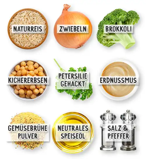 Zutaten für eine vegane Brokkoli-Reis-Pfanne: Naturreis, Zwiebeln, Brokkoli, Kichererbsen, gehackte Petersilie, Erdnussmus, Gemüsebrühepulver, neutrales Speiseöl sowie Salz und Pfeffer – jeweils einzeln abgebildet mit Beschriftung.