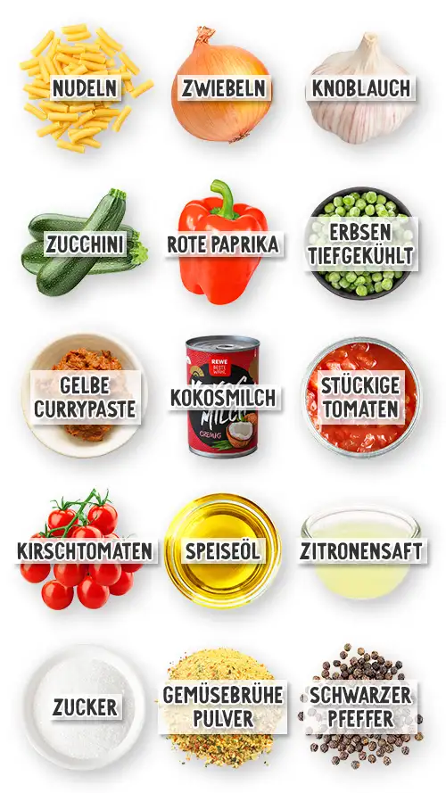 Zutaten für vegane cremige One Pot Pasta mit Gemüse und Currypaste in der Übersicht: Nudeln, Zwiebeln, Knoblauch, Zucchini, rote Paprika, tiefgekühlte Erbsen, gelbe Currypaste, Kokosmilch, stückige Tomaten, Kirschtomaten, Speiseöl, Zitronensaft, Zucker, Gemüsebrühepulver, schwarzer Pfeffer.